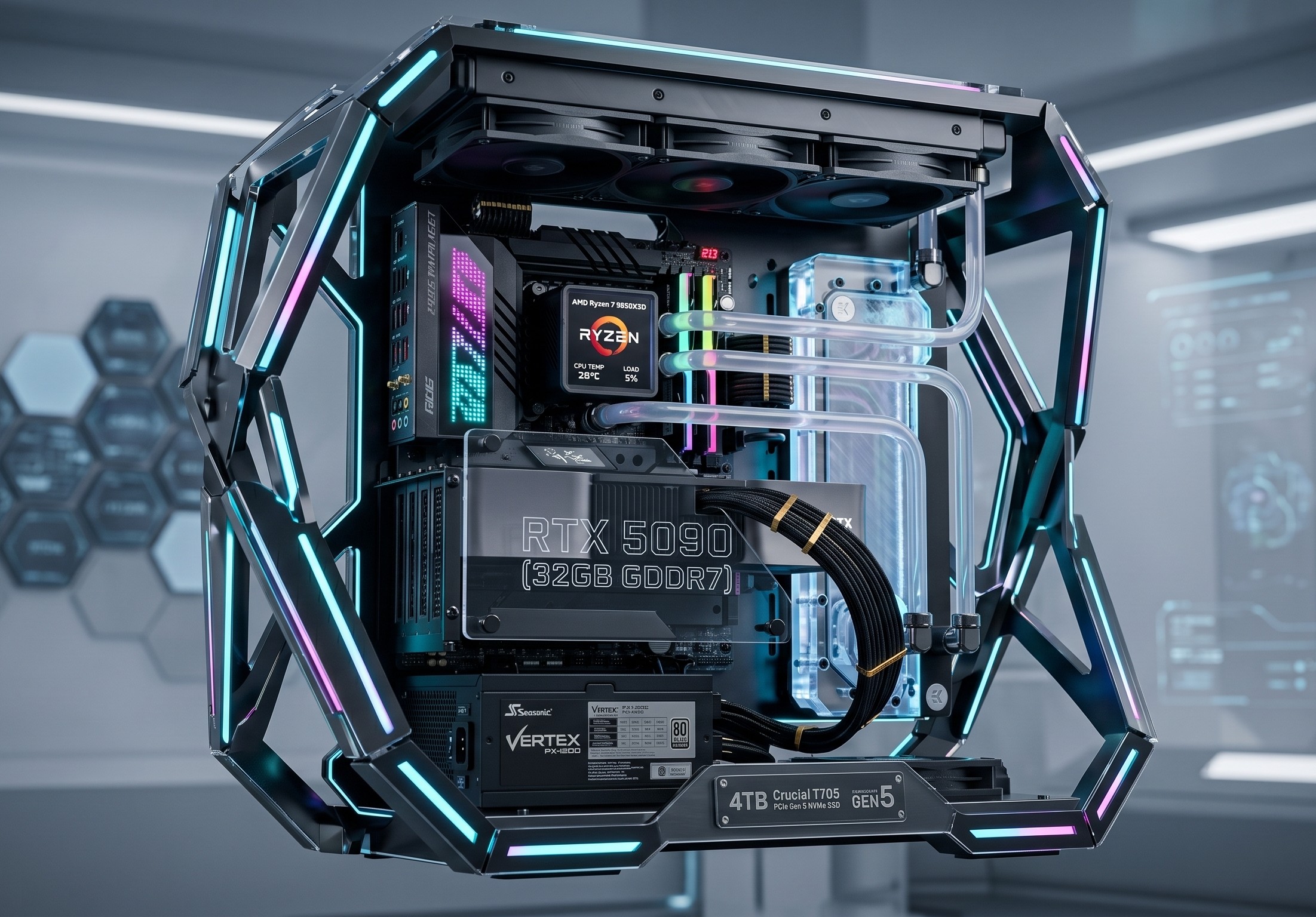 PC Gamer com iluminação ciano e magenta