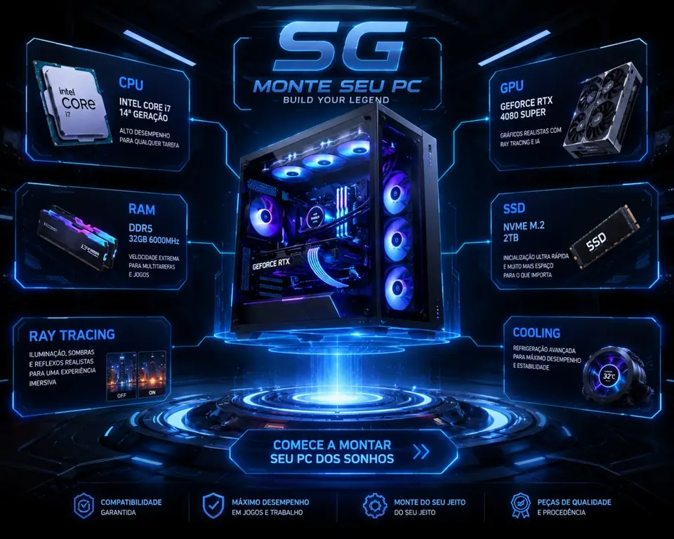Computador gamer com CPU, GPU, memória DDR5, SSD, Ray Tracing e refrigeração