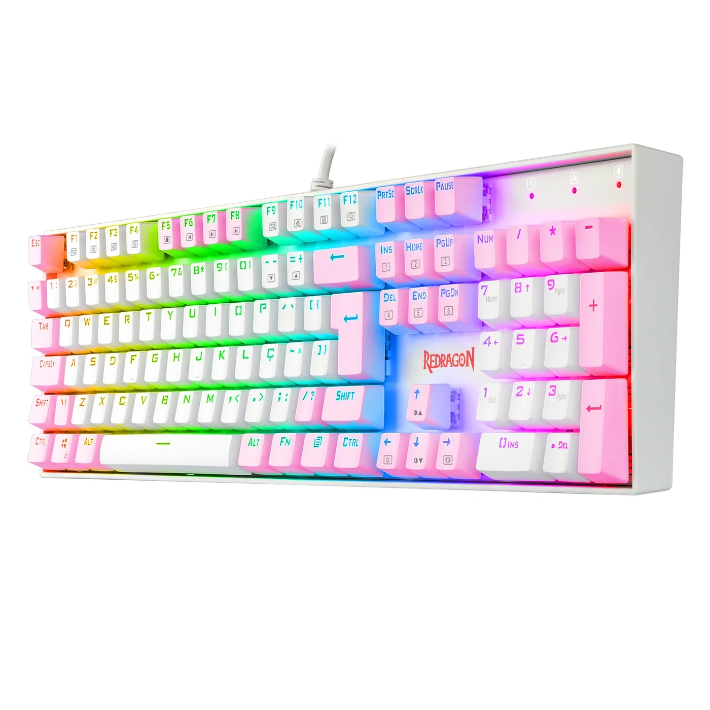 Teclado Mecânico Gamer Redragon Mitra Branco E Rosa RGB Com Switch Marrom