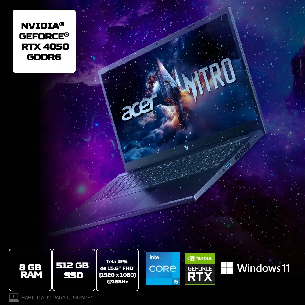 NOTEBOOK ACER GAMER NITRO V15 ANV15-52-56PD CORE I5 13420H 8GB DDR5 SSD 512GB 15,6 FHD IPS GEFORCE RTX4050 6GB WINDOWS