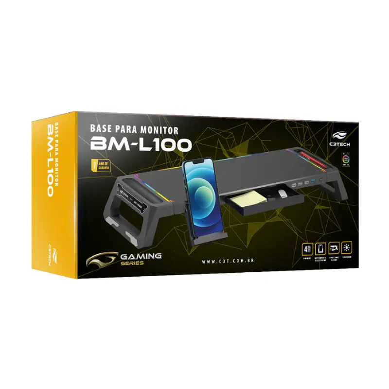 SUPORTE PARA MONITOR 4 USB BM-L100BK PRETO/RGB C3TECH